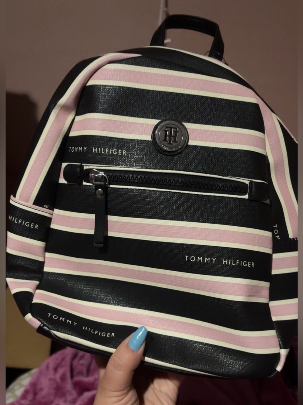 Tommy Hilfiger Black and Pink Striped Mini Backpack